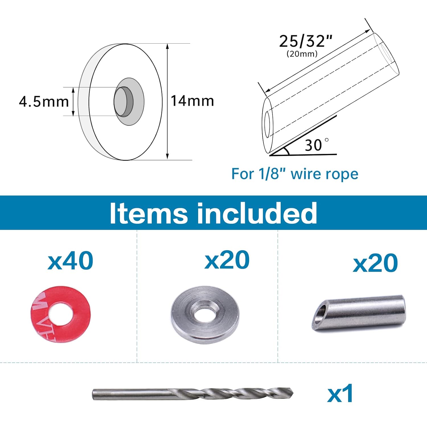 50Pack Cable Railing Kit Adjustable Angled Protector Sleeve for 1/8 Wire Rope Wood Posts 10 30 40 Degree Beveled Grommet T316 Stainless Steel Q188