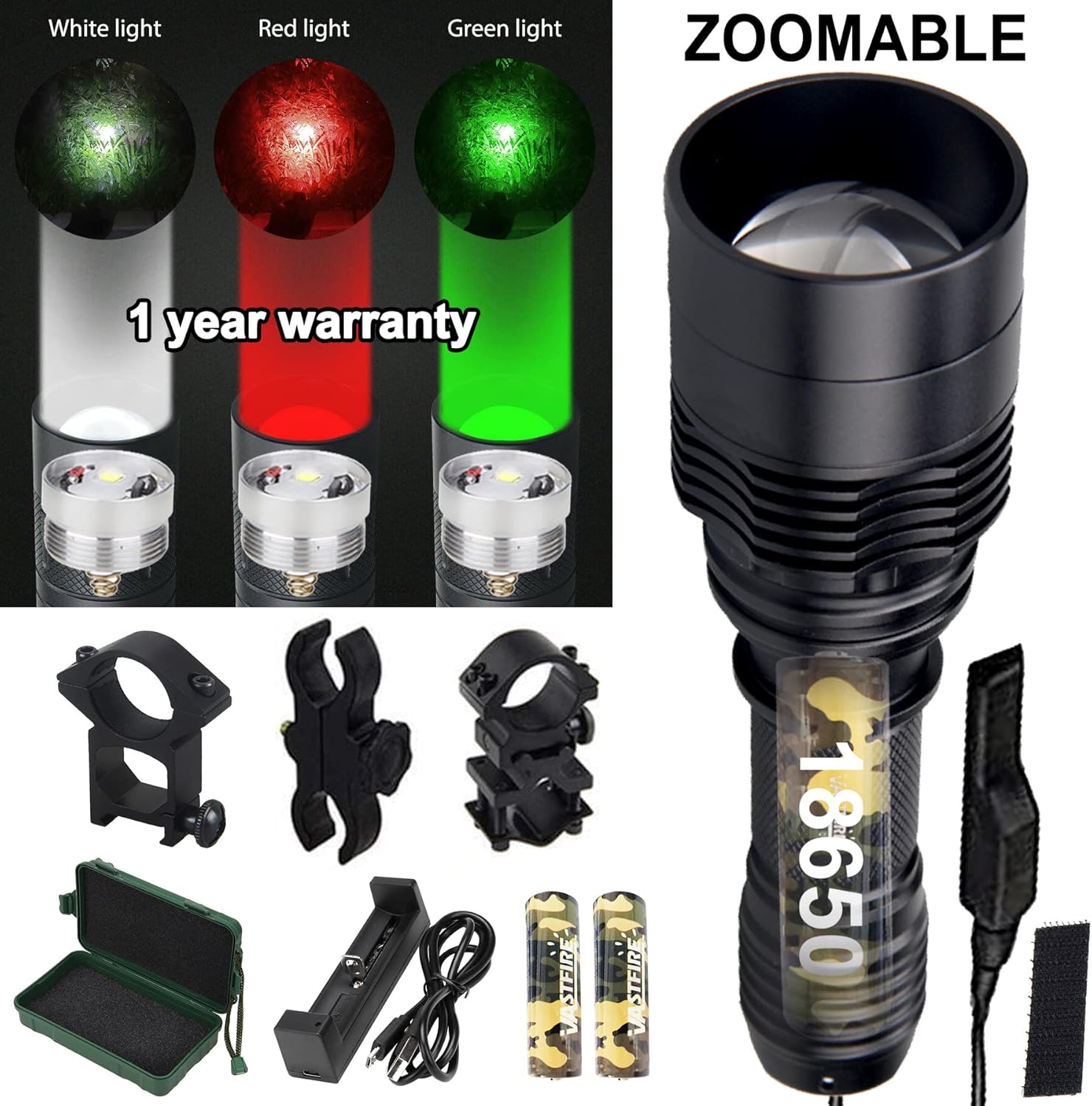Zoomable LED Hunting Flashlight Kit with Interchangeable Red Green White C477