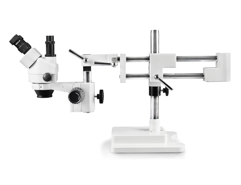 Trinocular Zoom Stereo Microscope, 10x Widefield Eyepiece, 0.7X—4.5X Zoom Range, Double Arm Boom Stand U534040