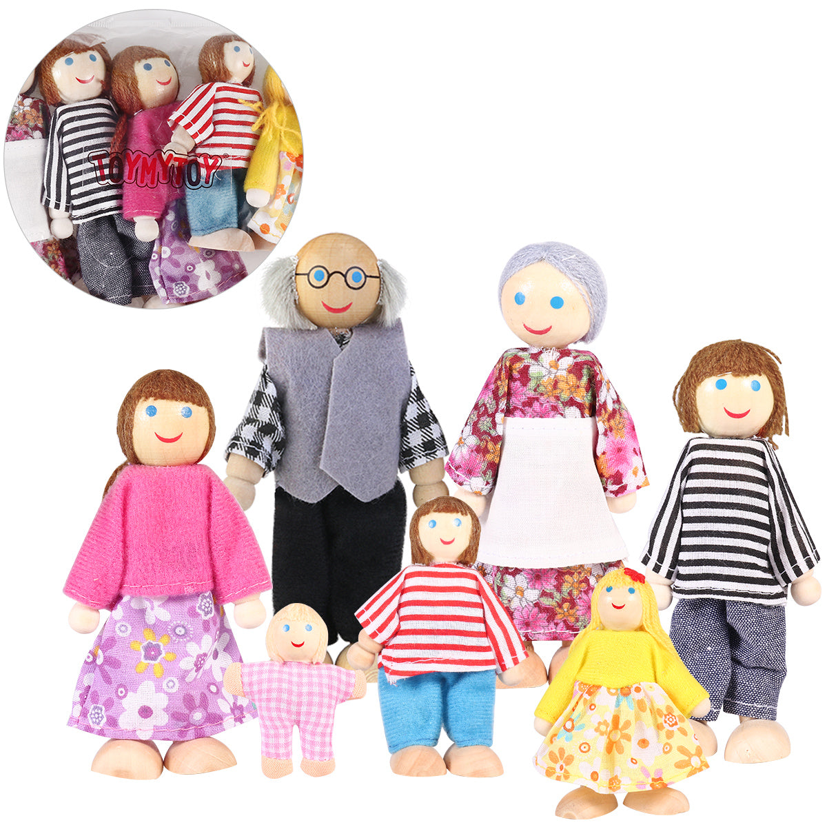 7pcs Wooden Dolls Pretend Play Set B389