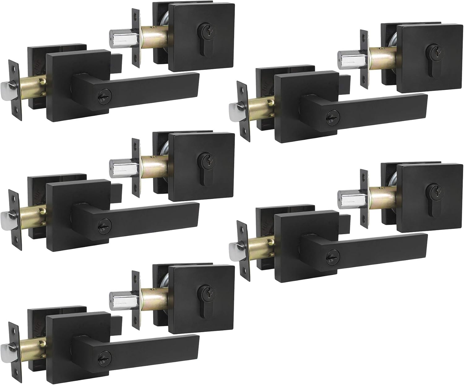 Satin Nickel Square Entry Levers Locksets and Double Cylinder Deadbolts Combination Set, 3 Pack Keyed Alike Y13354
