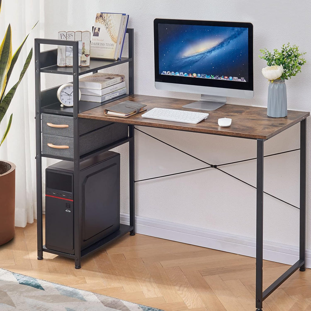 Computer Desk with Storage Shelves and Canvas Drawer, Black & Rustic Brown, Pack of 2 O11351