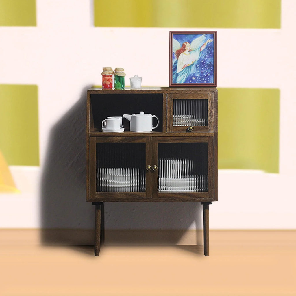Walnut Cabinets Multipurpose Cupboard for 1/6 1/12 Scale Dollhouse T7822