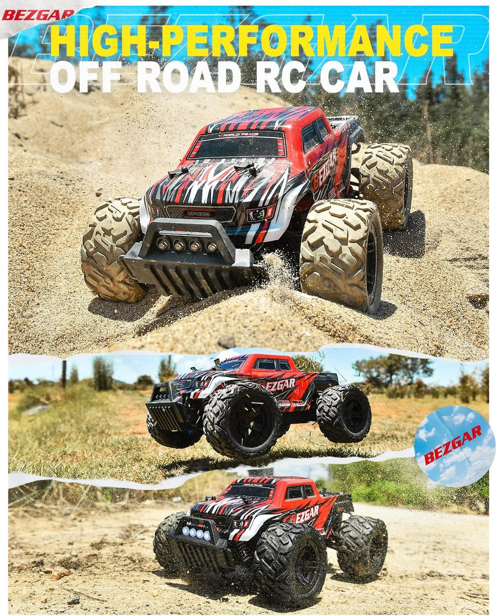 1:14 Scale Remote Control Car, 4WD Electric Toy Off Road RC Monster Truck with Two Rechargeable Batteries T249