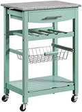 Green Granite Top Pine Wood Rolling Kitchen Island Microwave Cart with Storage C949456