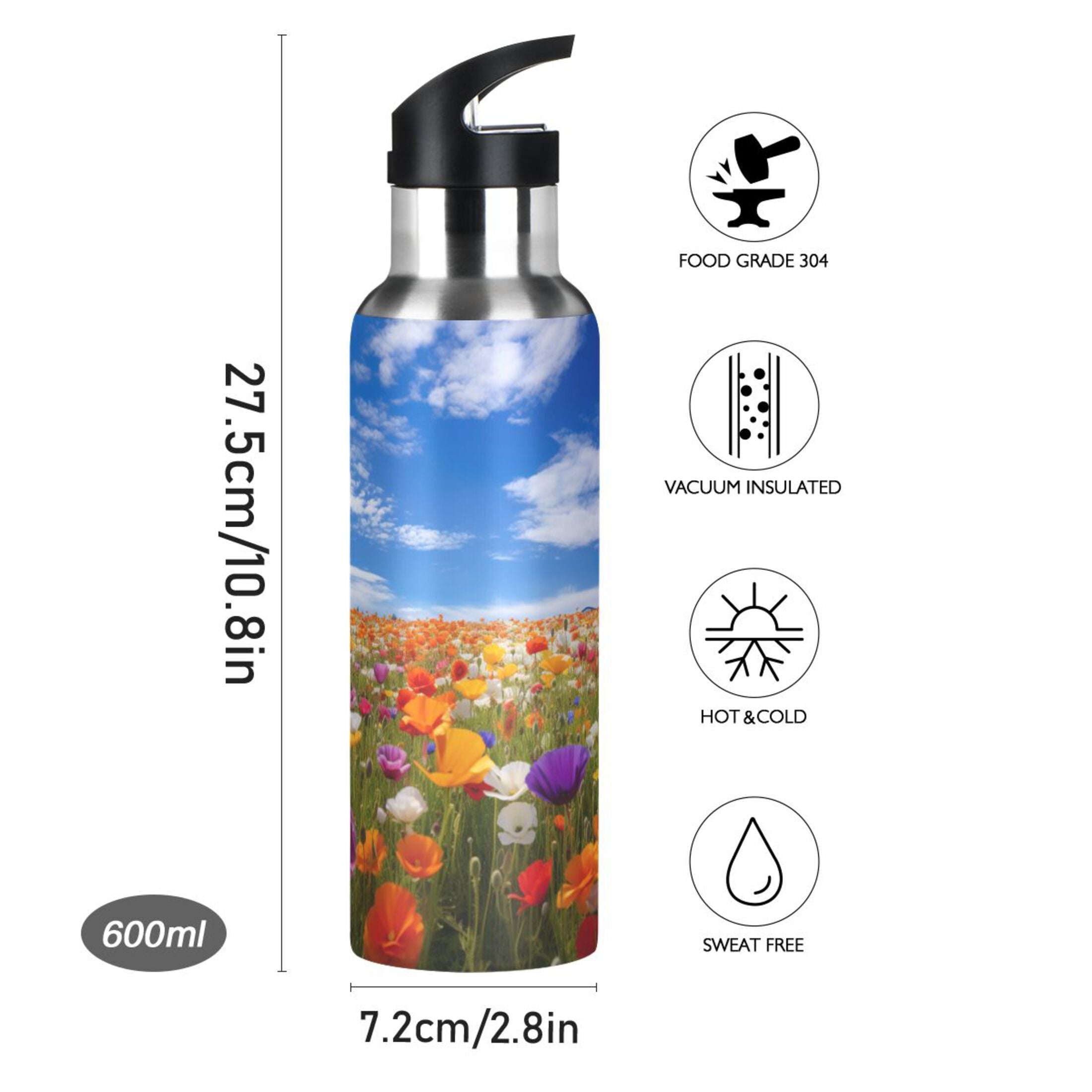 20 oz Insulated Stainless Steel Kids Water Bottle with Straw Lid E32363