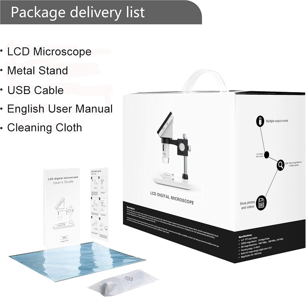 4.3 inch 50X-1000X 2 Megapixels USB Microscope with 32G TF Card Pack of 2 K2709