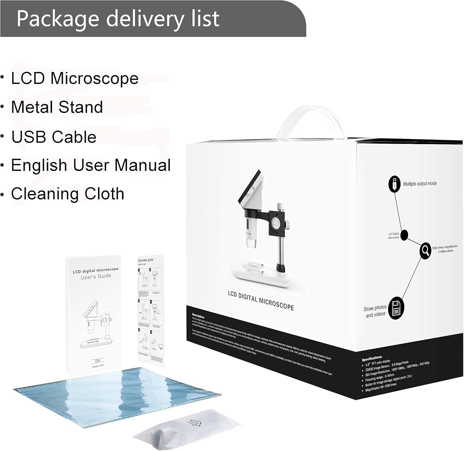 4.3 inch 50X-1000X 2 Megapixels USB Microscope with 32G TF Card Pack of 2 K2709