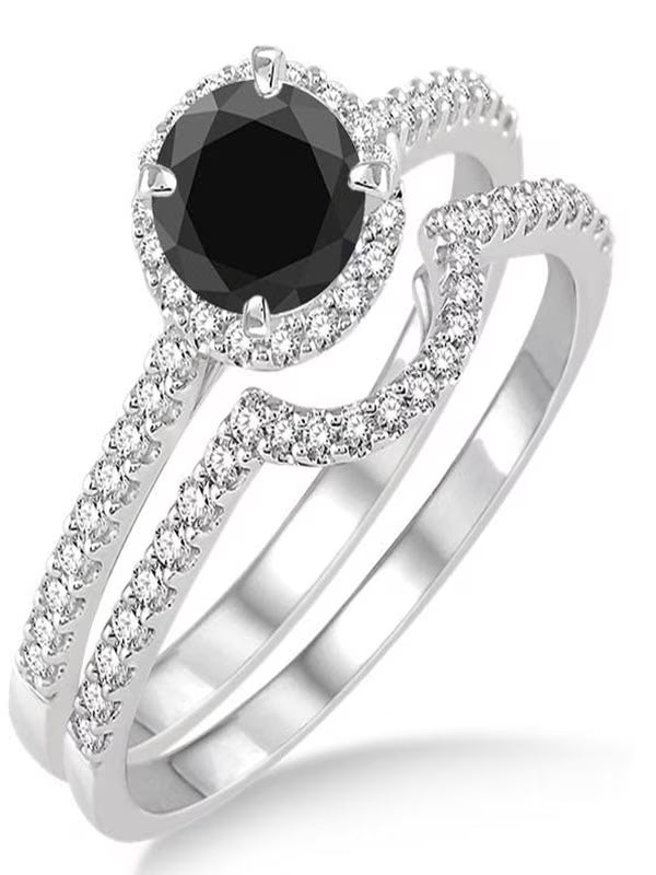 Black Diamond Halo Bridal Set Engagement Ring on 10k White Gold B70407