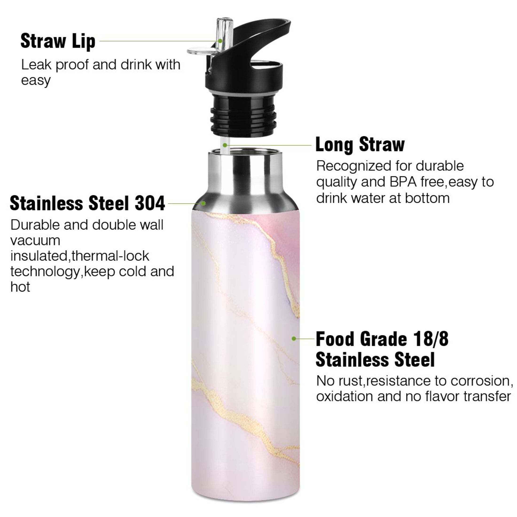 Pink Marble Insulated Stainless Steel Water Bottle with Straw Lid, 20 oz O822