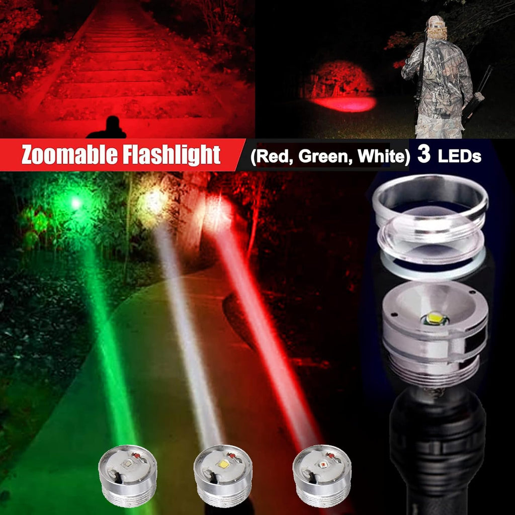 Zoomable LED Hunting Flashlight Kit with Interchangeable Red Green White C477