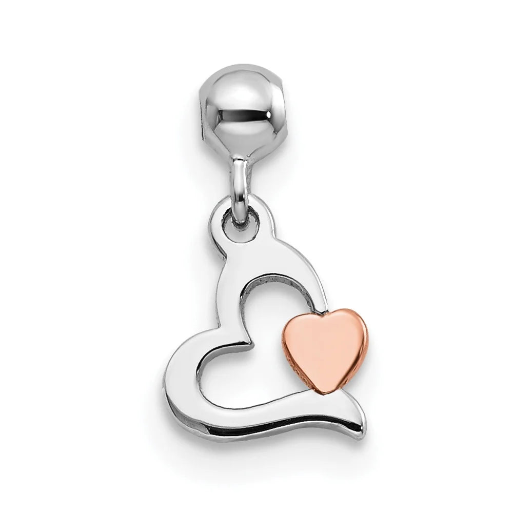 Sterling Silver Rhodium-Plated Rose-Tone Dangle Heart Charm Pendant With Sterling Silver Rope Chain Necklace 20'' W143