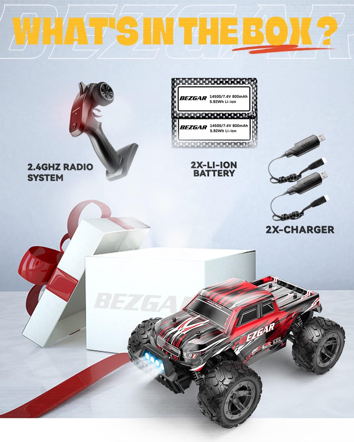 1:14 Scale Remote Control Car, 4WD Electric Toy Off Road RC Monster Truck with Two Rechargeable Batteries T249