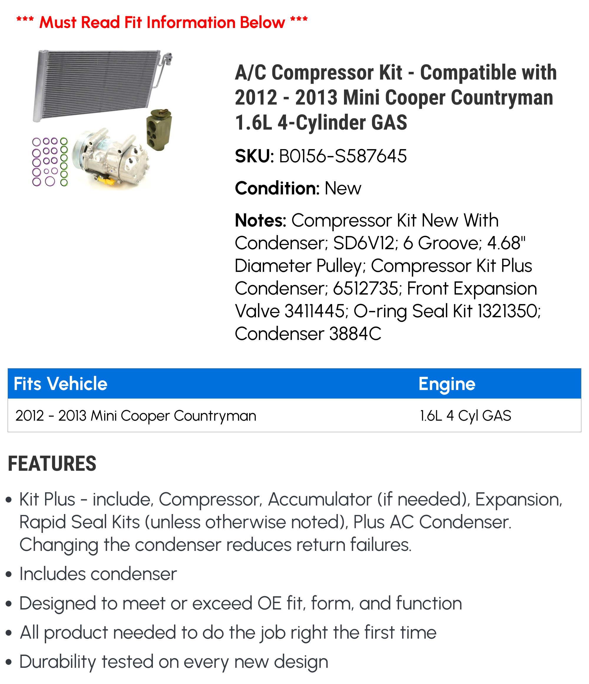 A/C Compressor Kit for 2012-2013 Mini Cooper Countryman 1.6L 4-Cylinder GAS C16451