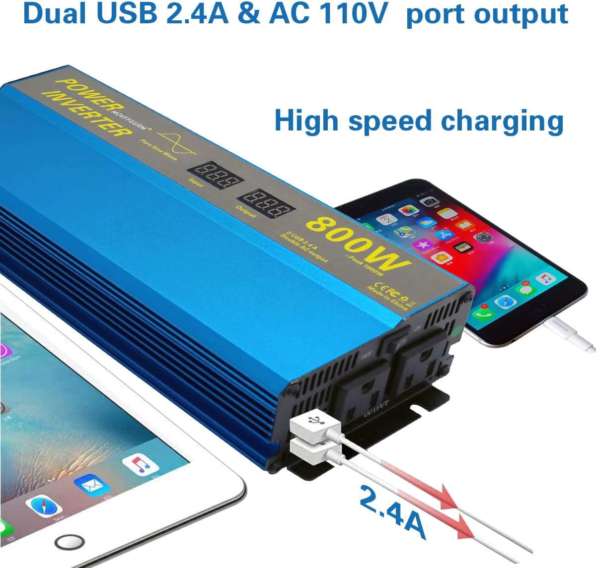 800W Pure Sine Wave Power Inverter DC 12V to 110V AC with 2.4A Dual USB LCD Digital Display C270