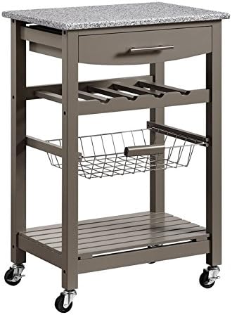 Green Granite Top Pine Wood Rolling Kitchen Island Microwave Cart with Storage C949456