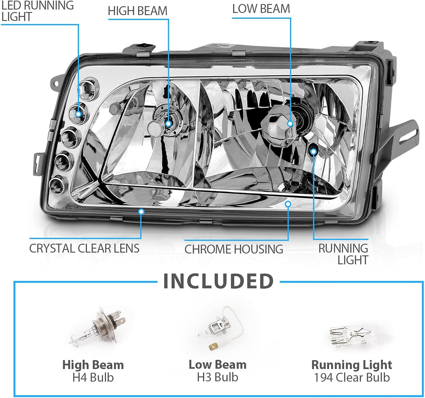 Clear Crystal Chrome Headlights LED Pair Replacement Assembly for 4-Door Sedan K79976