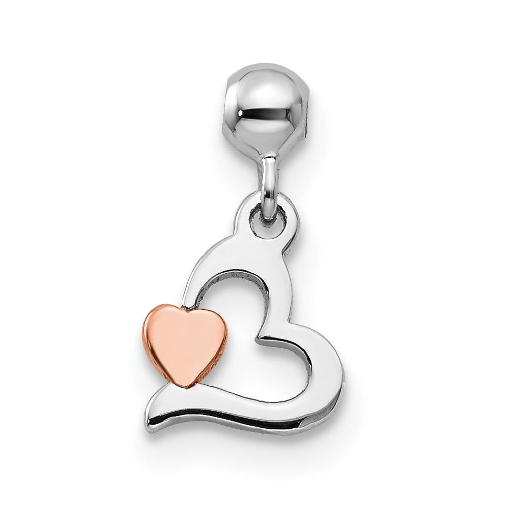 Sterling Silver Rhodium-Plated Rose-Tone Dangle Heart Charm Pendant With Sterling Silver Rope Chain Necklace 20'' W143