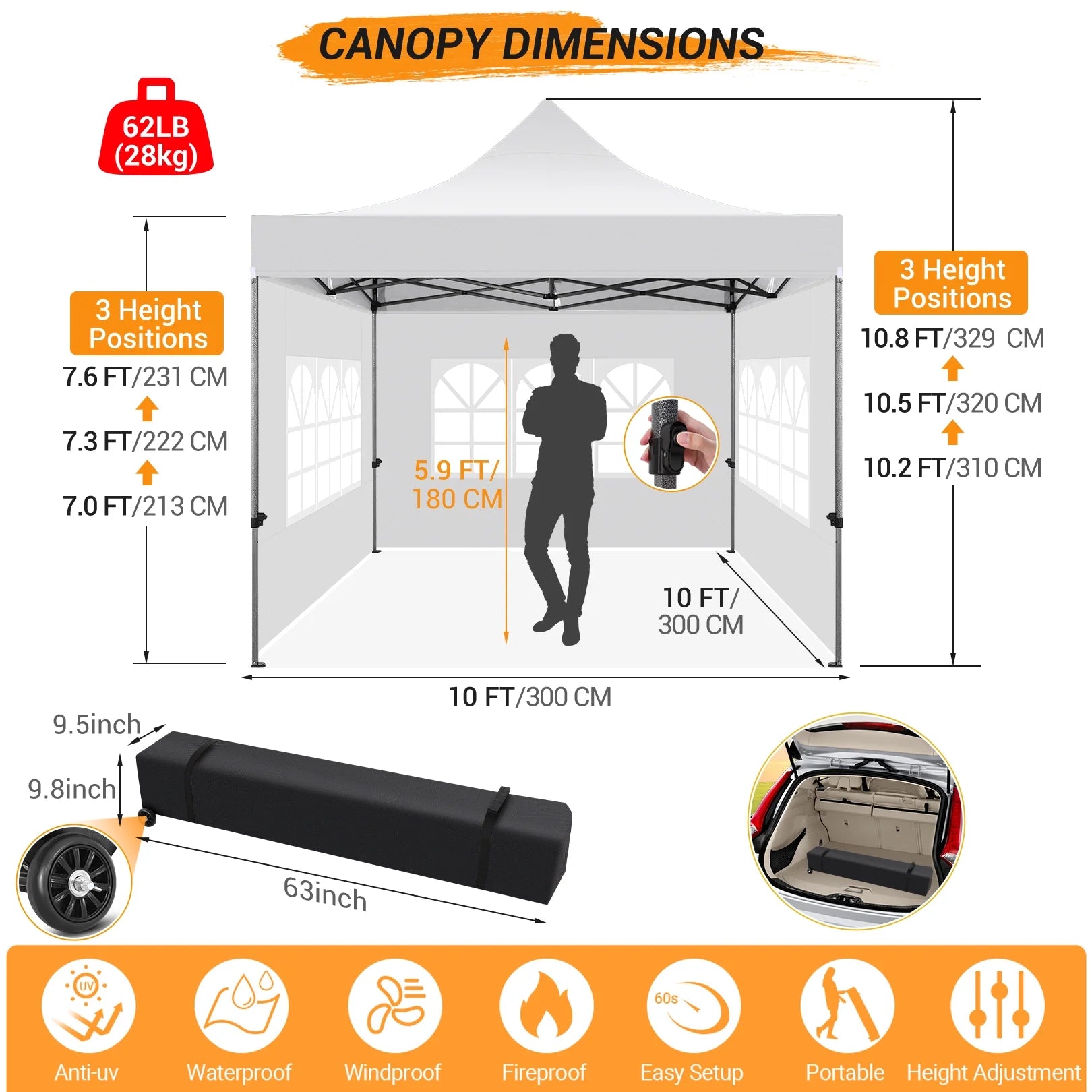10x10 FT Pop Up Canopy Tent with 4 Removable Sidewalls, Roller Bag and 4 Sandbags, White Y91626