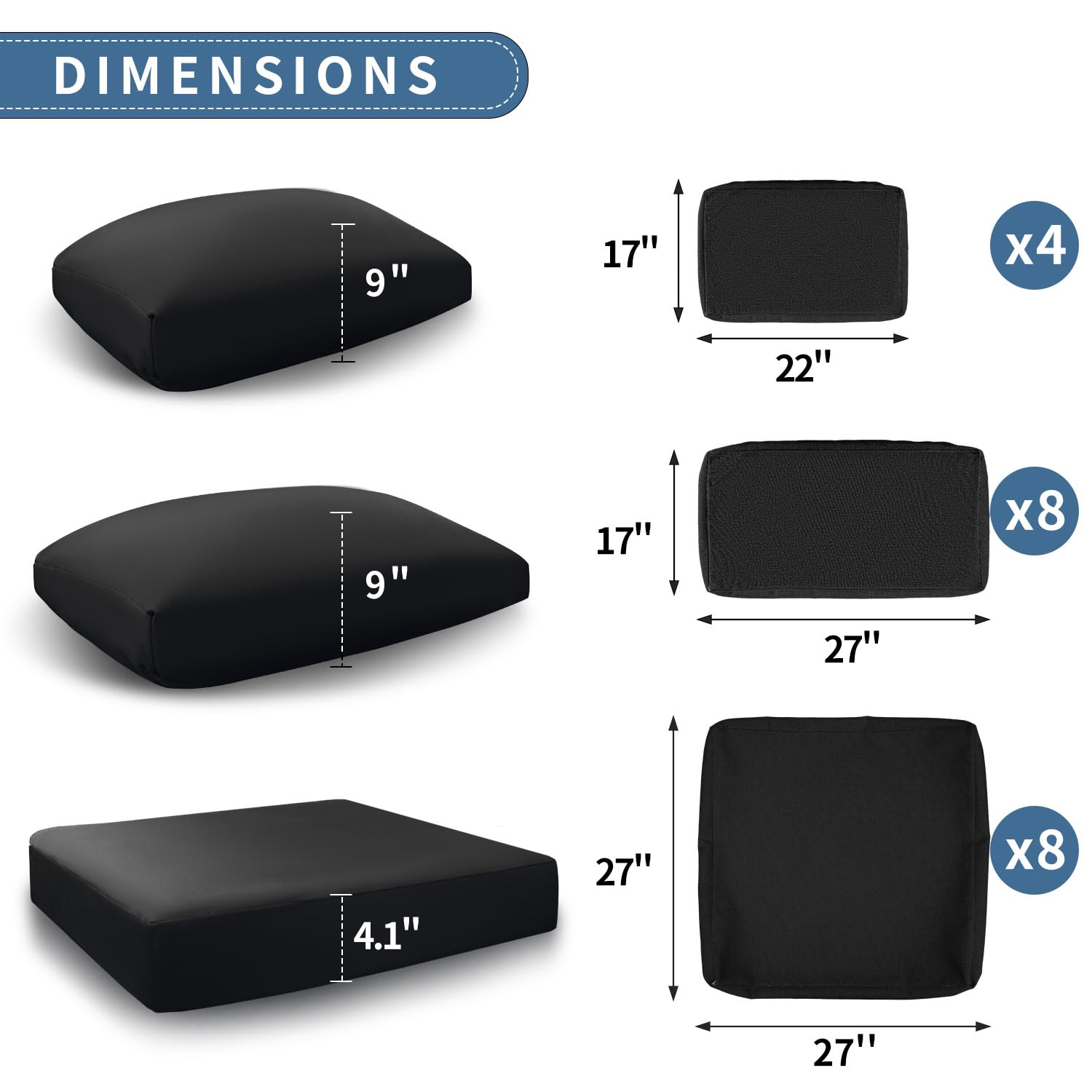 Black 20 Piece Outdoor Cushion Covers Olefin M1464