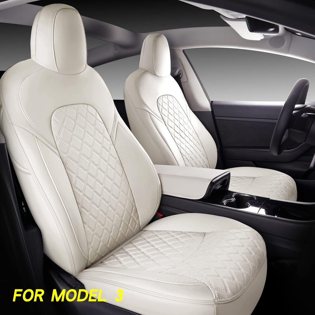 White Faux Leather Custom Car Seat Covers Full Set for Tesla Model Y I562