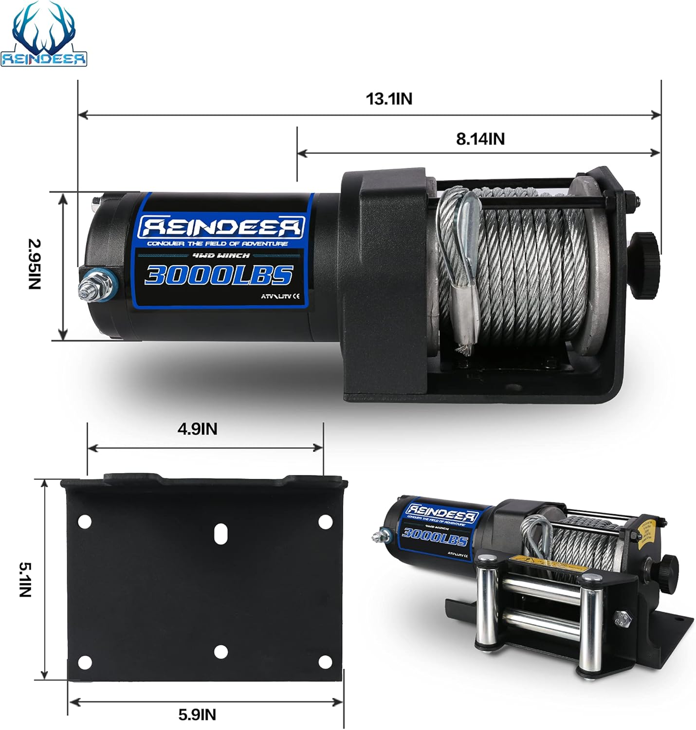 12V 3000 lb Electric Winch Kit with Steel Cable Wire Rope Waterproof IP67 W67803