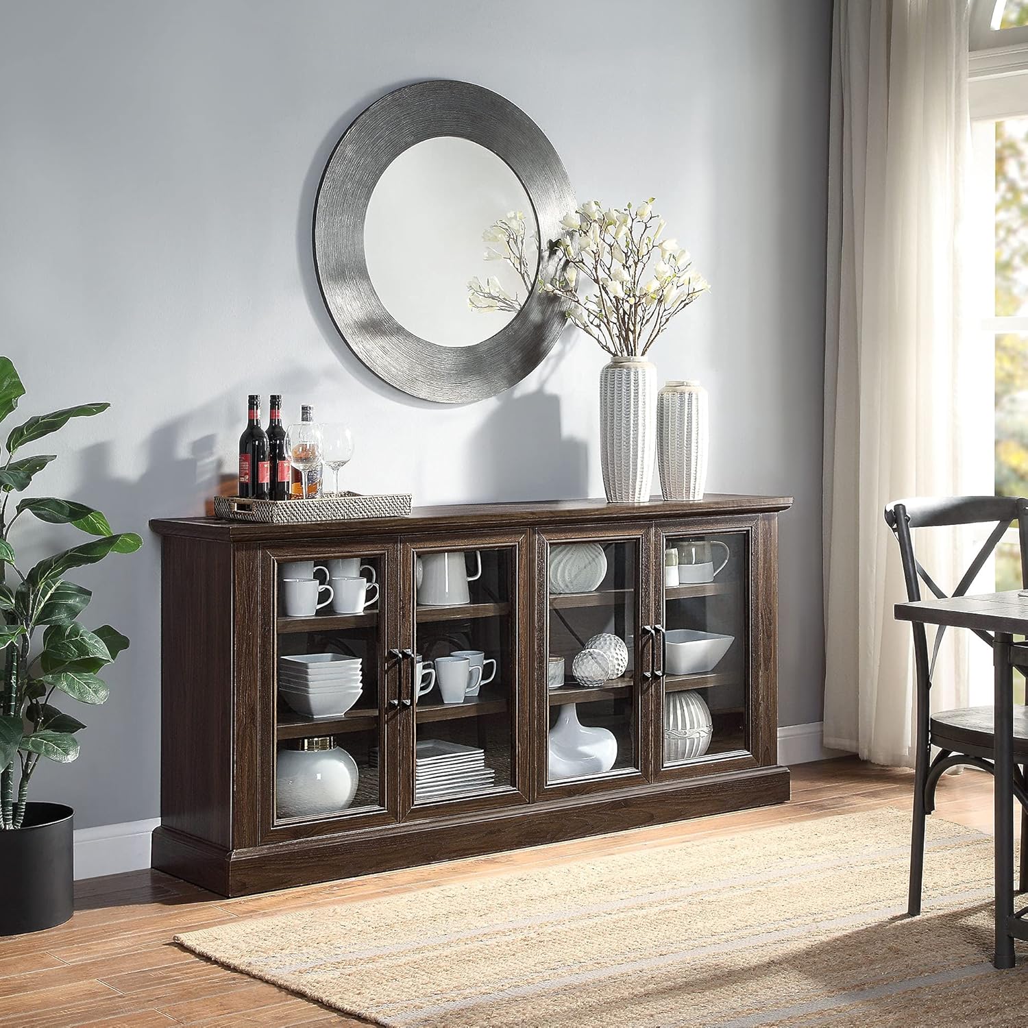 Rustic Oak Wood Sideboard with Glass Doors and Adjustable Shelves V9463