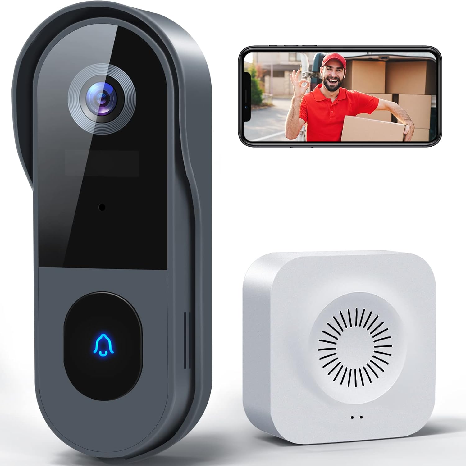 Wireless 1080P FHD WiFi Video Doorbell Security Camera with Chime, PIR Motion Detection, Night Vision, 2 Way Audio, Cloud Storage, Pack of 2 J52944