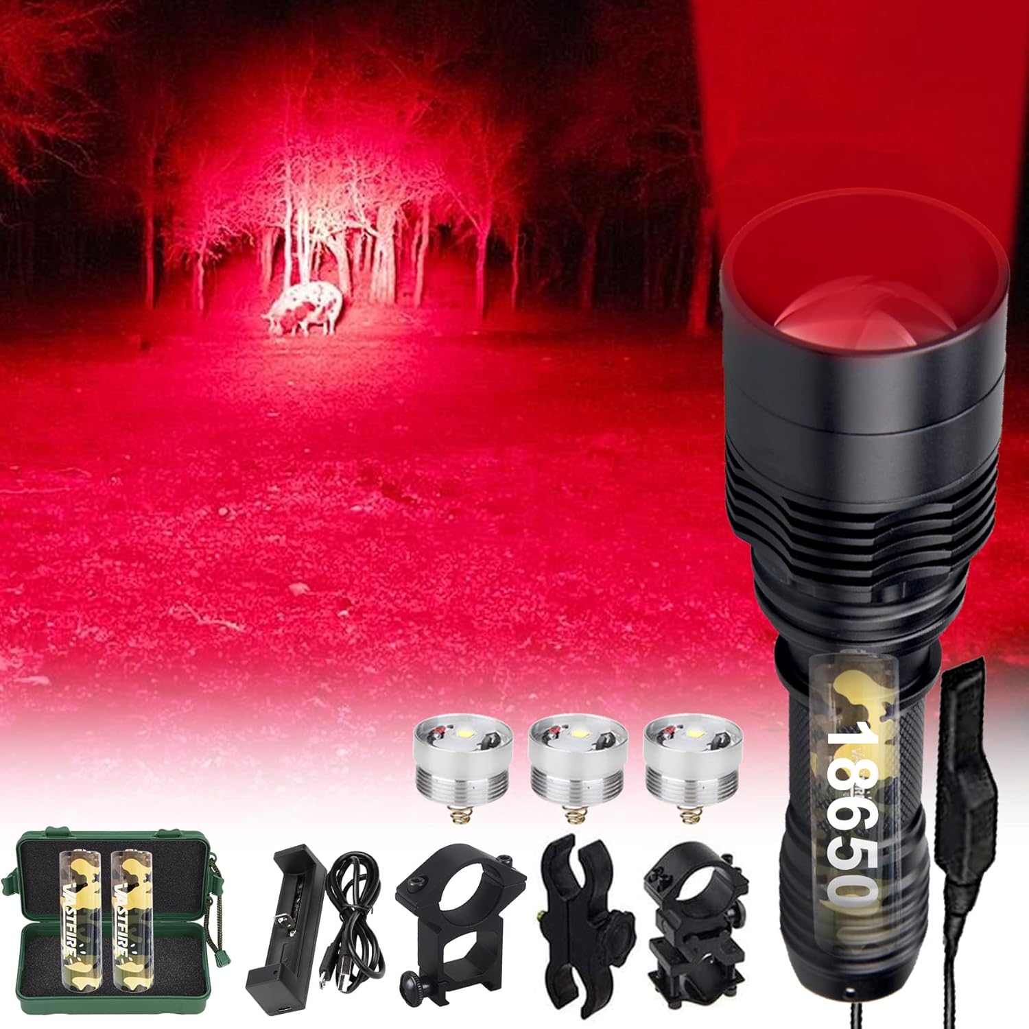 Zoomable LED Hunting Flashlight Kit with Interchangeable Red Green White C477
