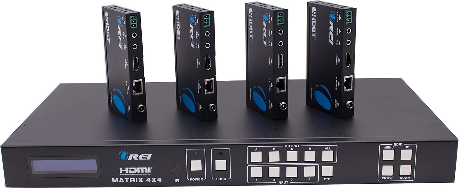 4x4 HDMI Extender Matrix with HDR Switcher & IR Control, RS-232, 4 Receivers Included A14938