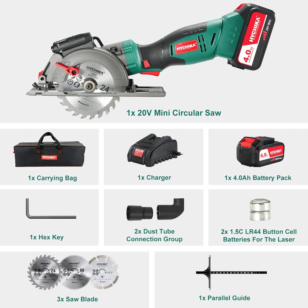 Cordless Mini Circular Saw with 4.0Ah Battery, 3 Blades, 3500RPM B126