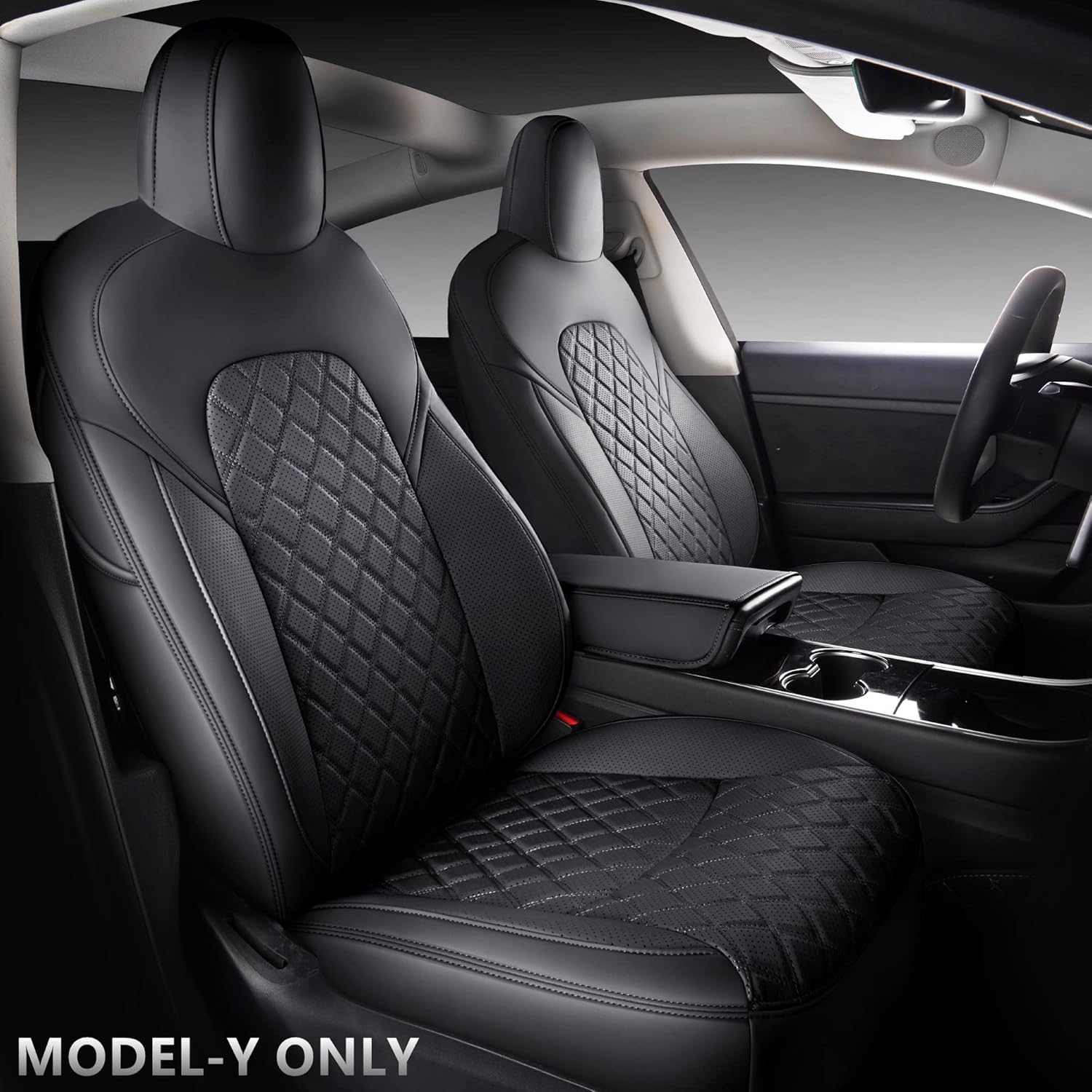 White Faux Leather Custom Car Seat Covers Full Set for Tesla Model Y I562