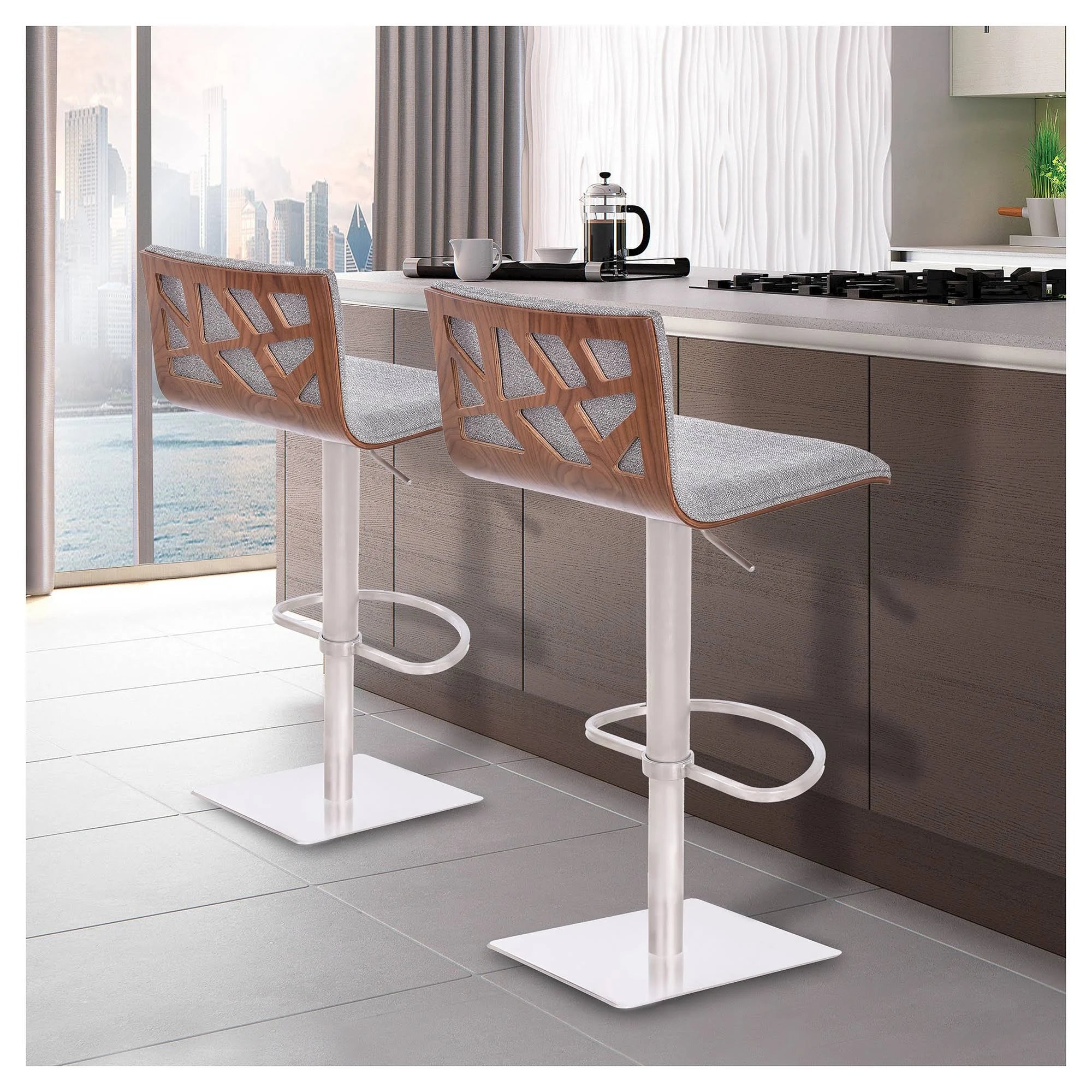 Brushed Stainless Steel Barstool with Grey Faux Leather and Walnut Back R4493