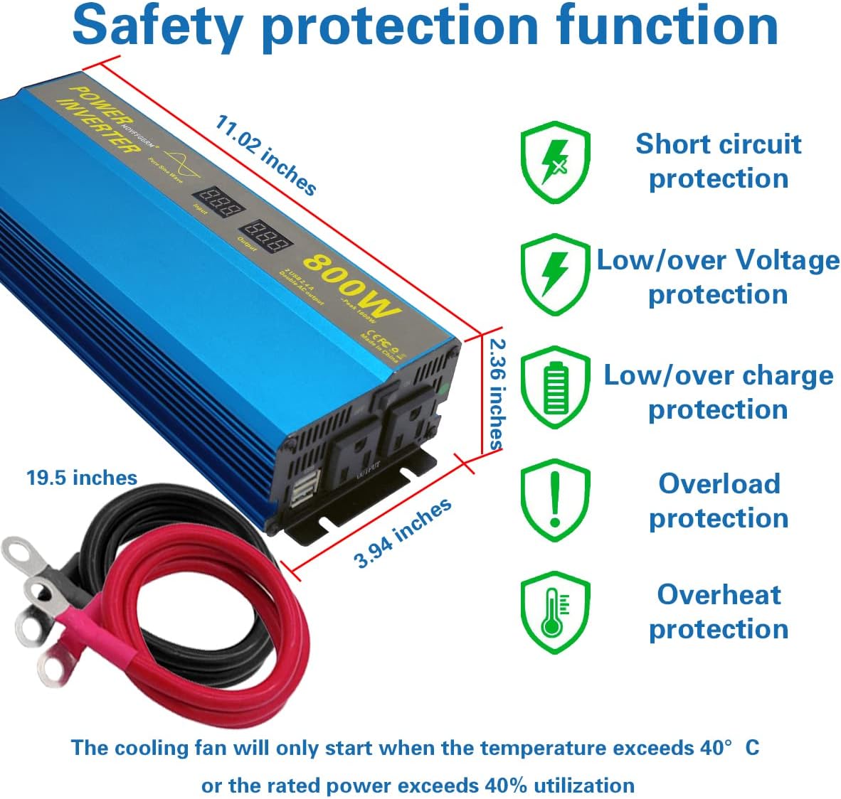 800W Pure Sine Wave Power Inverter DC 12V to 110V AC with 2.4A Dual USB LCD Digital Display C270