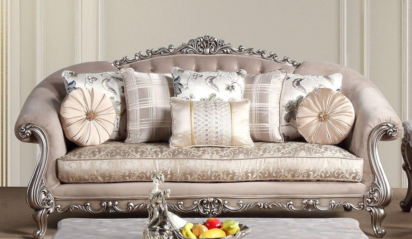 Beige Fabric Silver Finish Sofa Set 3Pc Q165883