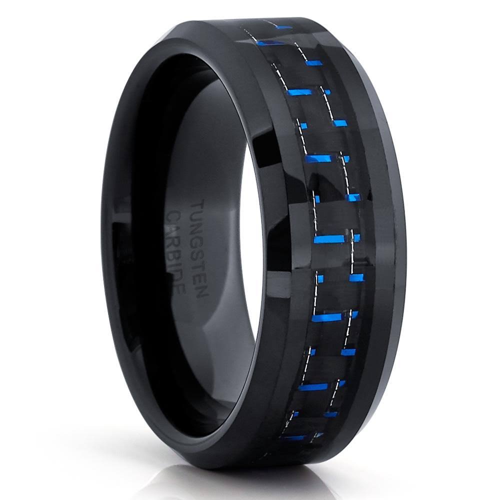 Black Tungsten Carbide Ring with Blue Carbon Fiber D580844